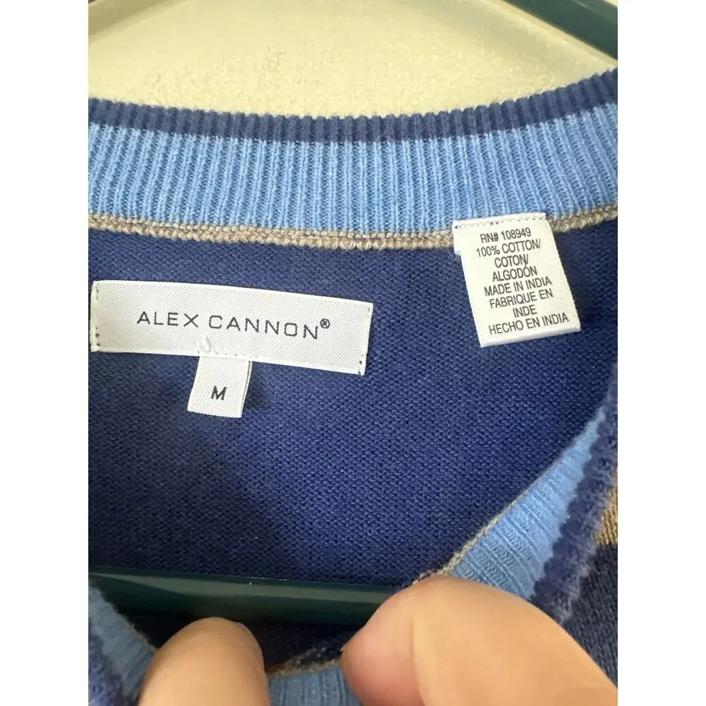 ALEX CANNON Cotton Knit Pull-over Sweater 10 M Navy Blue Brown Geometric Pattern